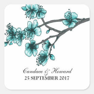 Aqua Simple Cherry Blossoms Wedding Stickers