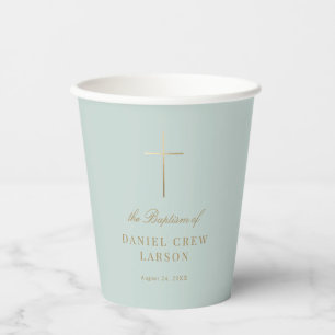 Aqua Simple Elegant Gold Cross Baptism Christening Paper Cups
