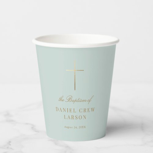 Aqua Simple Elegant Gold Cross Baptism Christening