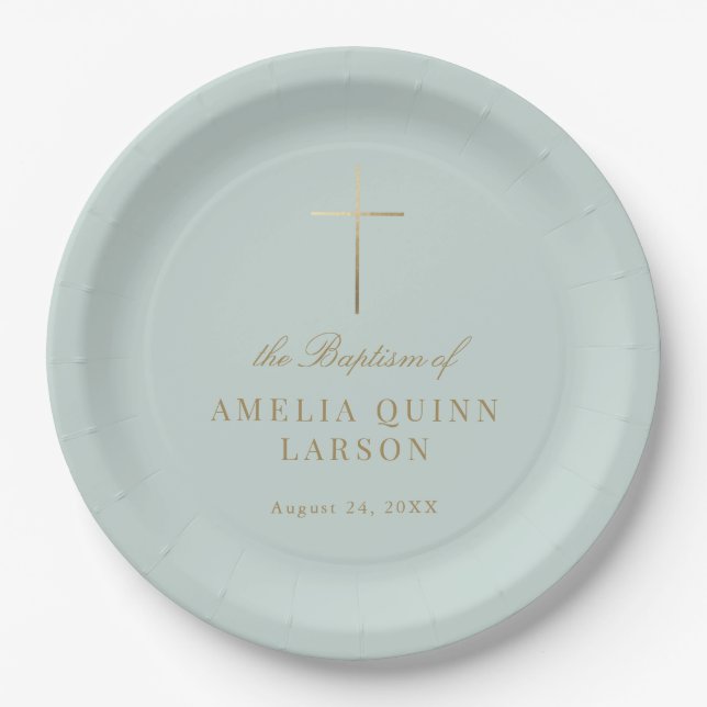 Aqua Simple Elegant Gold Cross Baptism Christening Paper Plates (Front)