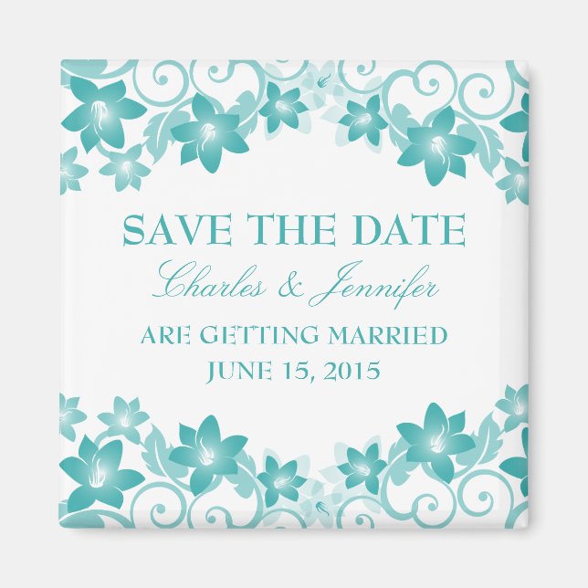 Aqua Simple Floral Save the Date Magnet (Front)
