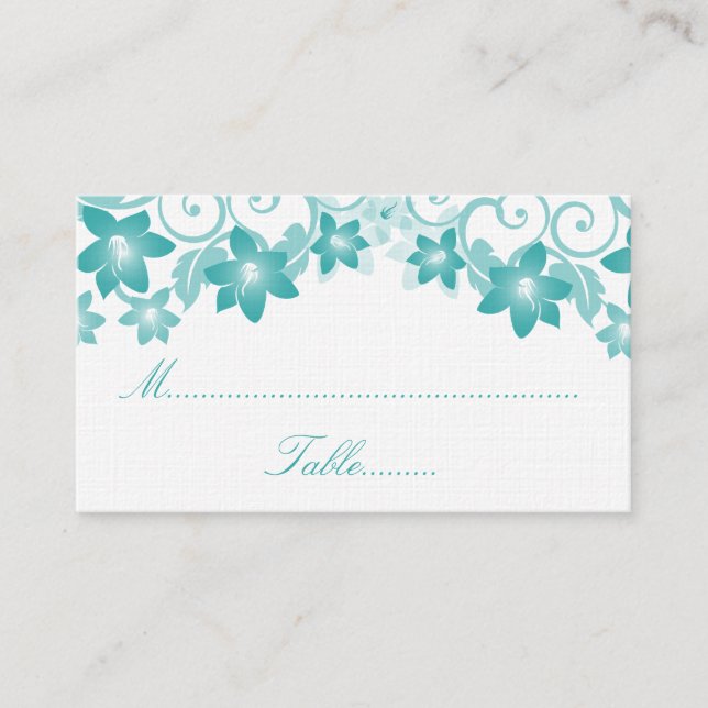 Aqua Simple Floral Wedding Place Card (Front)