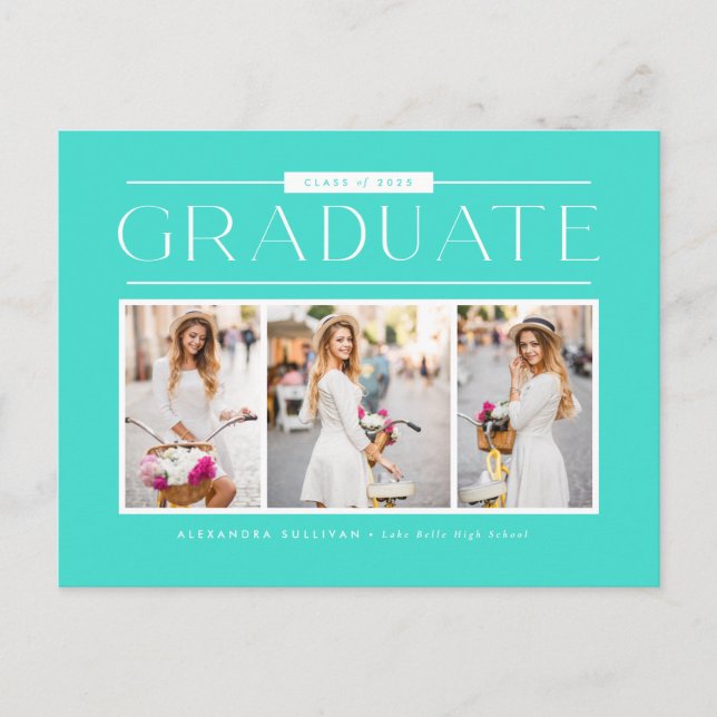 Aqua Simple Typography Photo Collage Graduation Postcard (Front)
