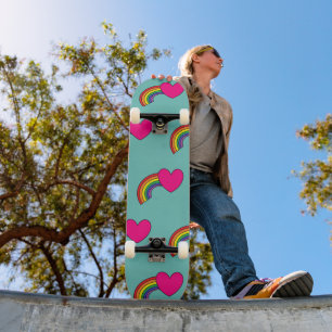 Aqua Skateboard Deck With Pink Hearts and Rainbows