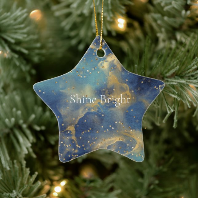 Aqua Sky Blue Gold Glitzy Confetti Sparkle      Ceramic Ornament (Tree)