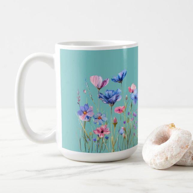Aqua Sky Blue with Pink and Blue Wildflowers Coffee Mug (With Donut)
