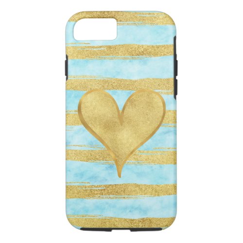 Aqua Sky Gold Glam Watercolor Stripes Heart iPhone 87 Case