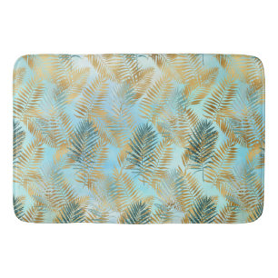 Aqua Sky Green Gold Tropical Leaves Bath Mat
