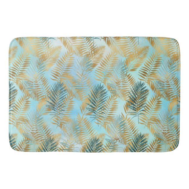 Aqua Sky Green Gold Tropical Leaves         Bath Mat (Front)