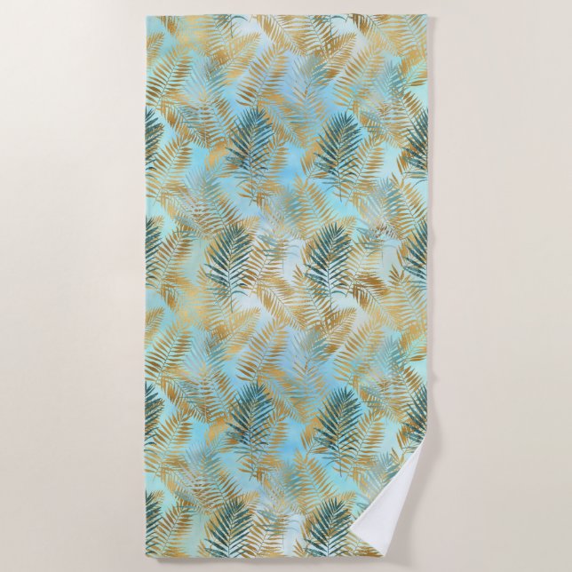 Aqua Sky Green Gold Tropical Leaves            Beach Towel (Front)
