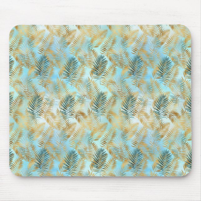 Aqua Sky Green Gold Tropical Leaves          Mouse Pad (Front)