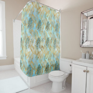 Aqua Sky Green Gold Tropical Leaves Shower Curtain