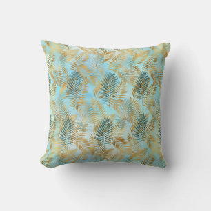 Aqua Sky Green Gold Tropical Leaves       Throw Pillow