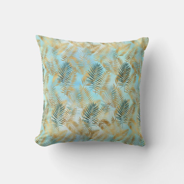 Aqua Sky Green Gold Tropical Leaves       Throw Pillow (Front)