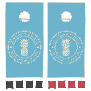 Aqua Sky Pineapple Wedding Crest & Names Cornhole Set