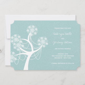 Aqua Snow Flower Tree Winter Wedding Save The Date Invitation