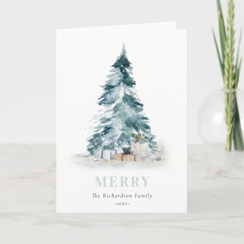 Aqua Snow Watercolor Pine Christmas Tree Gifts Holiday Card