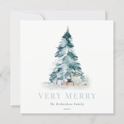 Aqua Snow Watercolor Pine Christmas Tree Gifts  Holiday Card