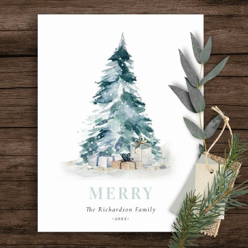 Aqua Snow Watercolor Pine Christmas Tree Gifts Holiday Postcard
