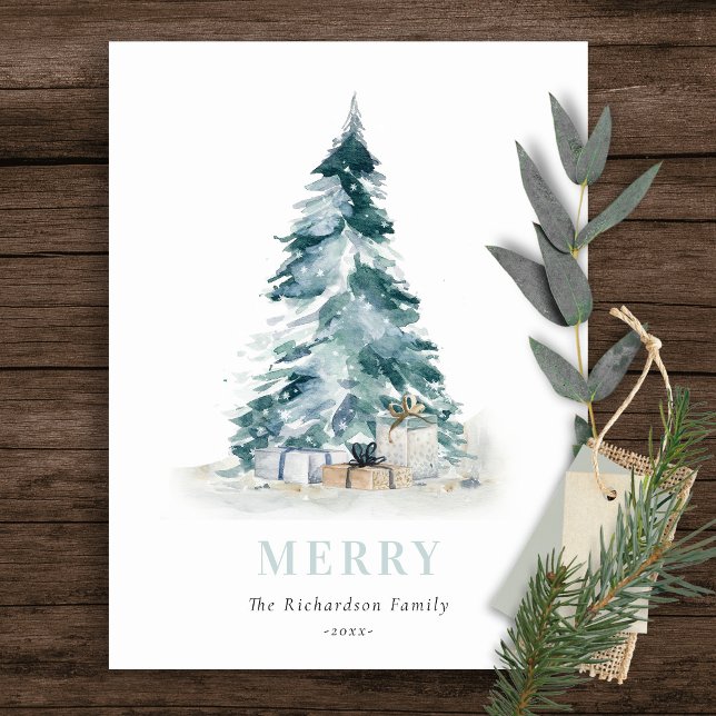 Aqua Snow Watercolor Pine Christmas Tree Gifts Holiday Postcard (Creator Uploaded)