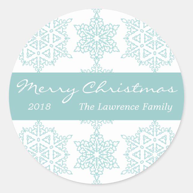 Aqua Snowflake Personalized Christmas Holiday Classic Round Sticker (Front)
