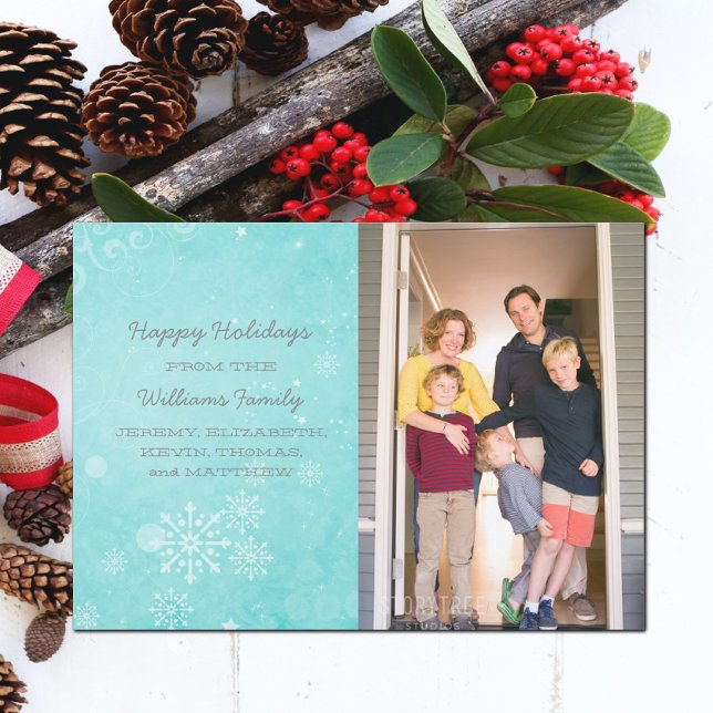 Aqua Snowflake Swirls Holiday Photo Flat Card (Aqua Snowflake Swirls Holiday Photo Card)
