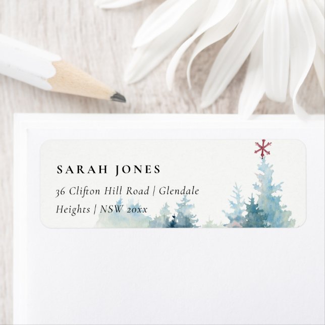 AQUA SNOWY FOREST PINE TREE CHRISTMAS STAR ADDRESS LABEL (Insitu)