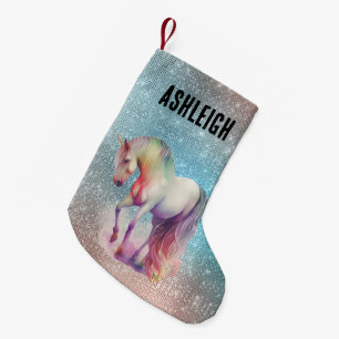 Aqua Sparkle Unicorn Name Small Christmas Stocking
