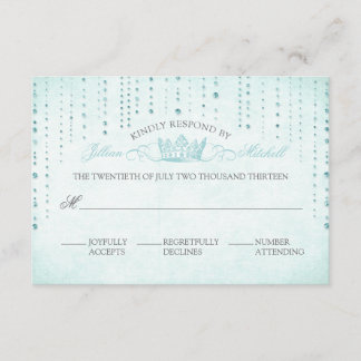 Aqua Sparkles & Crown Fairytale Wedding RSVP Card
