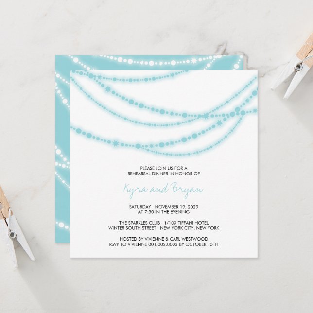 Aqua Sparkling Lights Wedding Rehearsal Dinner Invitation (Front/Back In Situ)