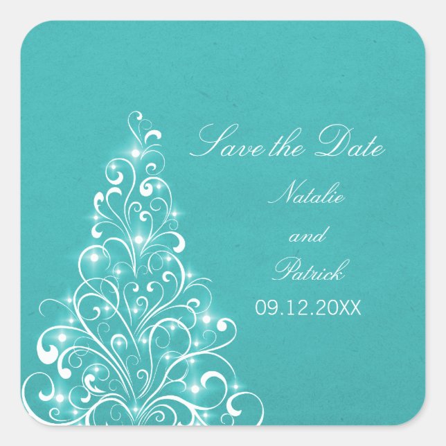 Aqua Sparkly Holiday Tree Save the Date Stickers (Front)