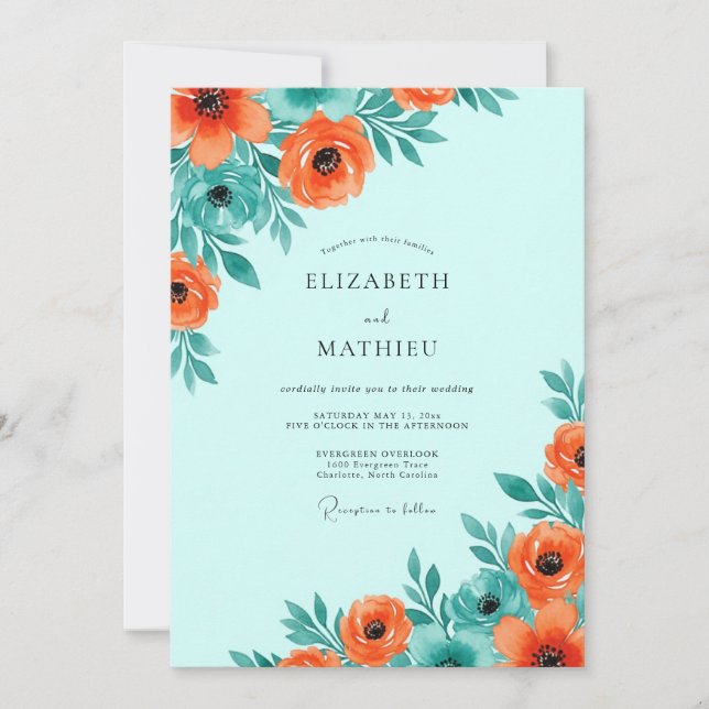 Aqua Spirited Botanical Wedding Invitation (Front)