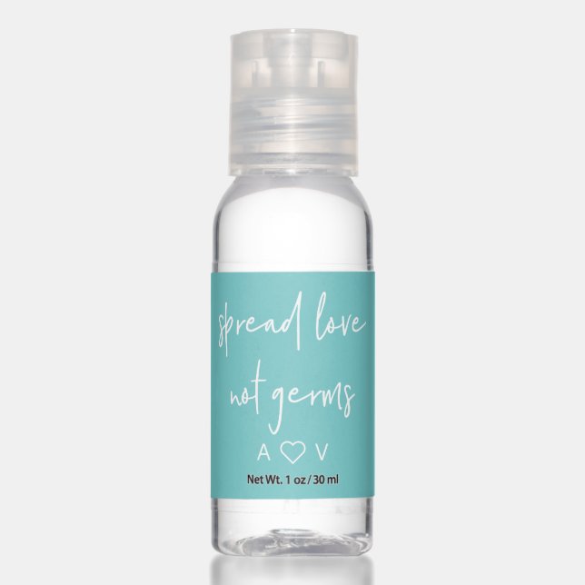 Aqua | Spread Love, Not Germs Cute Wedding Hand Sanitizer (Front)