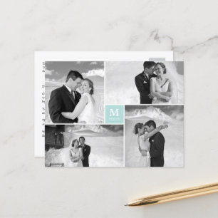 Aqua Square Monogram 4 Photo Wedding Thank You Postcard