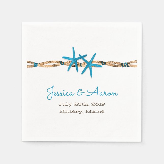 Aqua Starfish and Nautical Rope Wedding Paper Napkins (Front)