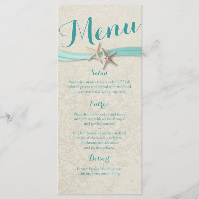 Aqua Starfish and Ribbon Beach Wedding Menu (Front)