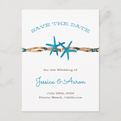 Aqua Starfish and Rope Save the Date Announcement Postcard