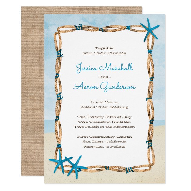 Aqua Starfish And Watercolor Beach Wedding Invitation