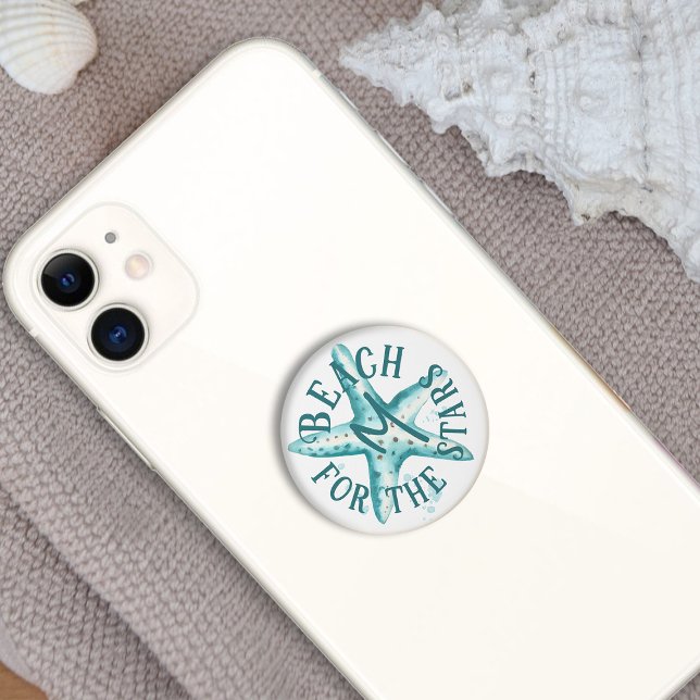 Aqua Starfish Beach for the Stars Coastal Monogram PopSocket (Coastal starfish pun monogrammed pop socket phone accessory)