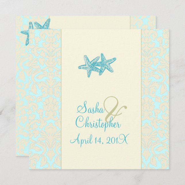 AQUA STARFISH+DAMASK WEDDING INVITATIONS (Front/Back)