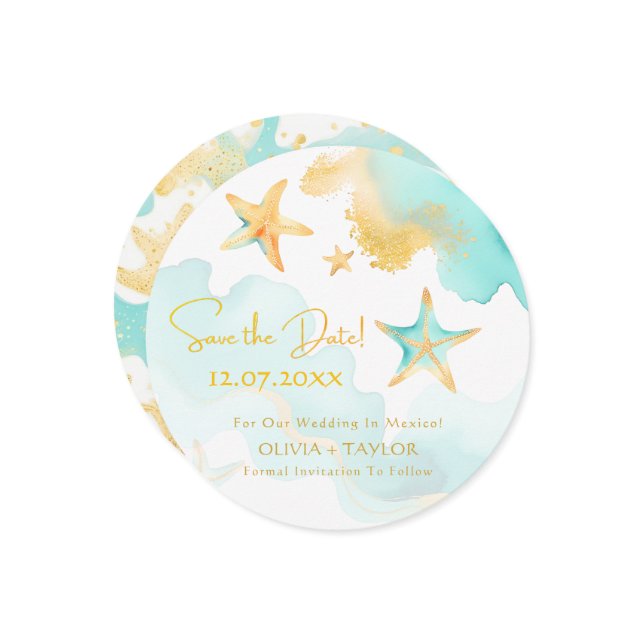 Aqua Starfish Nautical Beach Wedding Save the Date (Front/Back In Situ)