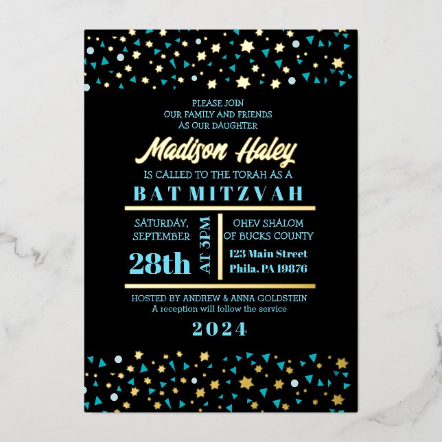 Aqua Stars Bar Bat Mitzvah Invitation Gold Foil (Front)