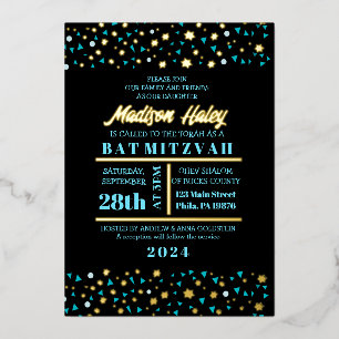 Aqua Stars Bar Bat Mitzvah Invitation Gold Foil Foil Invitation