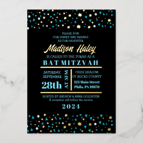 Aqua Stars Bar Bat Mitzvah Invitation Gold Foil Foil Invitation