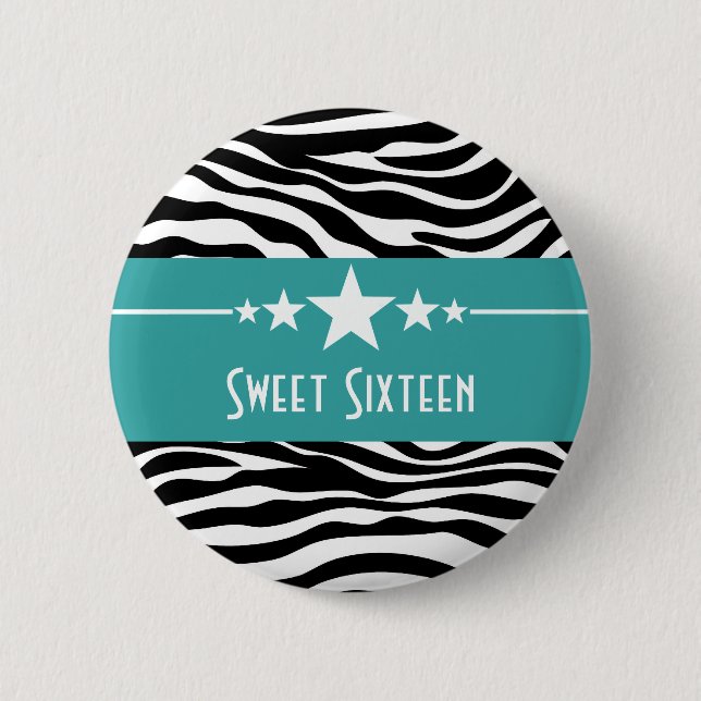 Aqua Stars Zebra Print Sweet 16 Button (Front)
