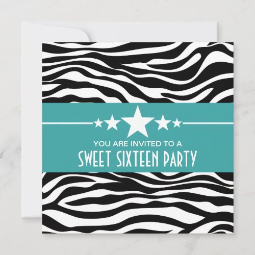 Aqua Stars Zebra Print Sweet 16 Invite