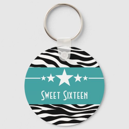 Aqua Stars Zebra Print Sweet 16 Keychain