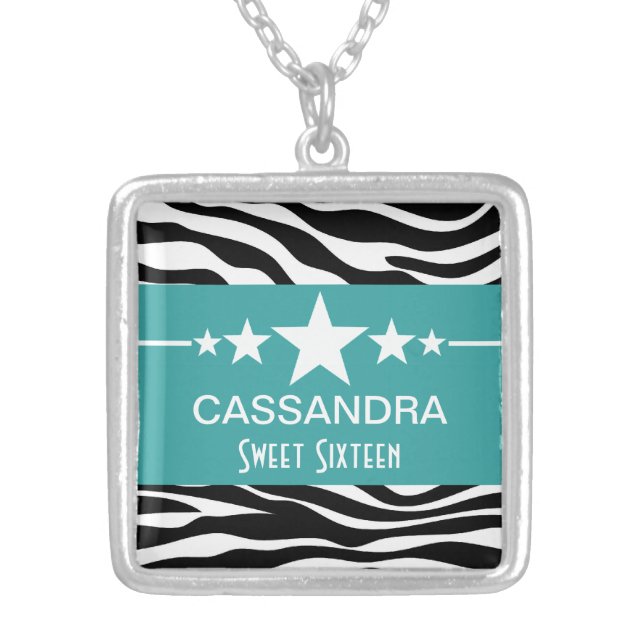 Aqua Stars Zebra Print Sweet 16 Necklace (Front)