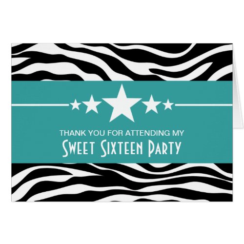 Aqua Stars Zebra Print Sweet 16 Thank You Card