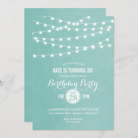 Aqua String Lights Birthday Party Invitation